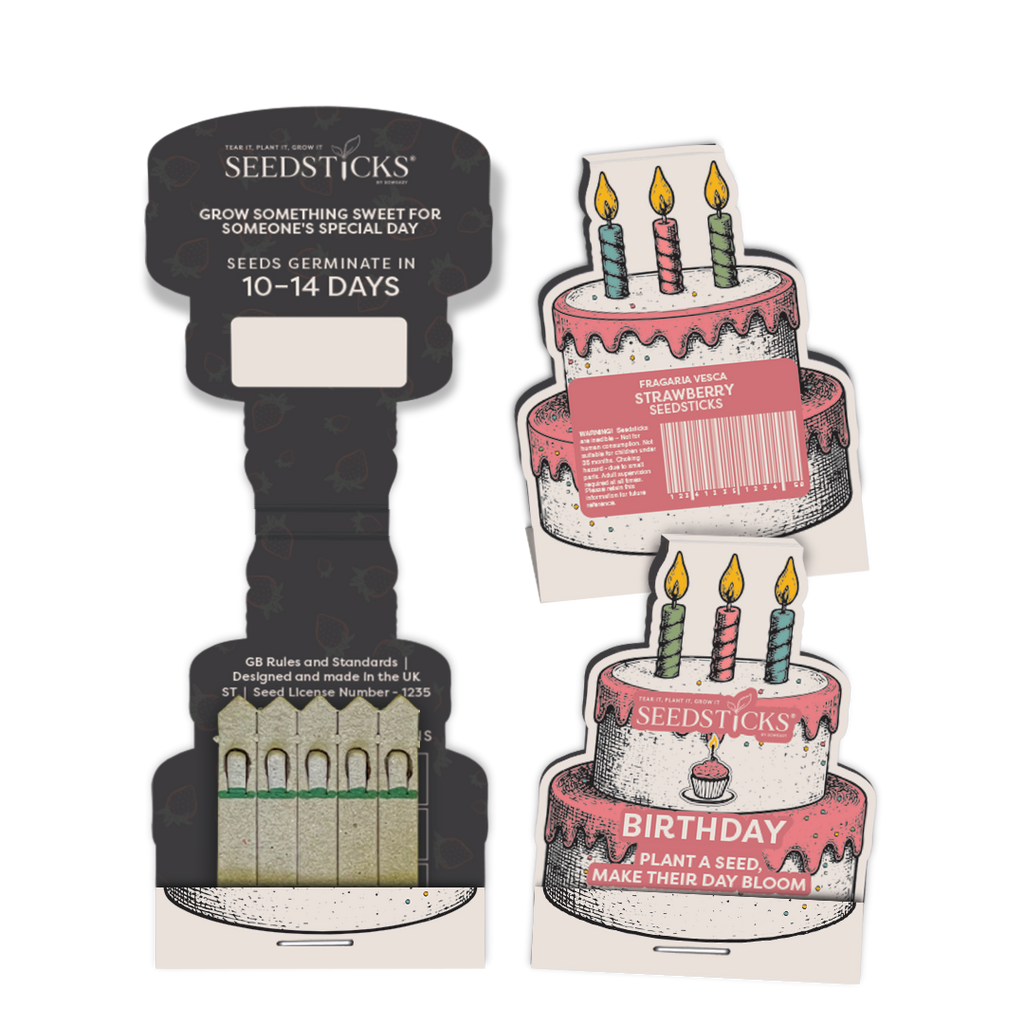 Birthday cake-shaped Seedsticks pack shown open and closed