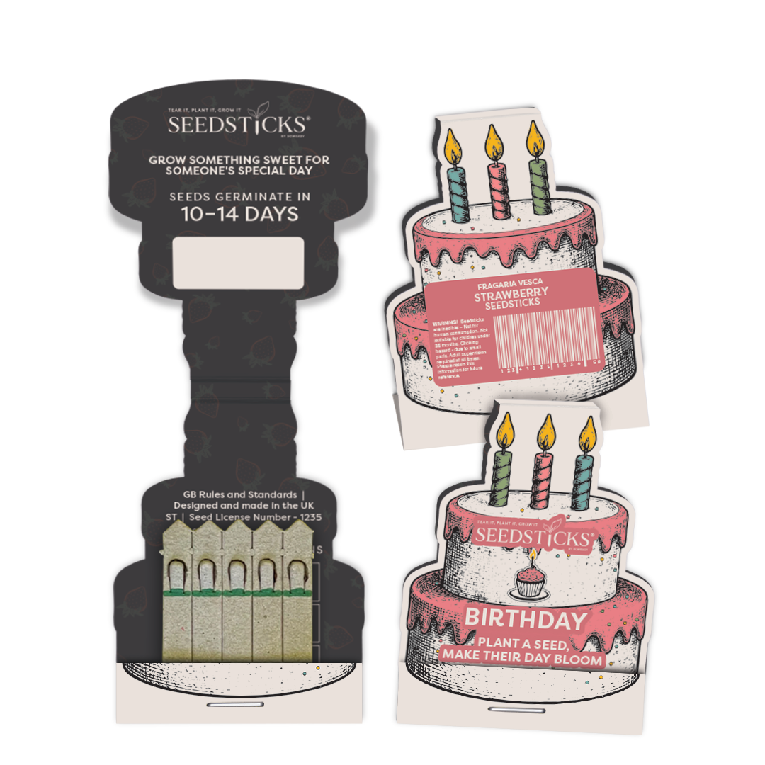 Birthday cake-shaped Seedsticks pack shown open and closed