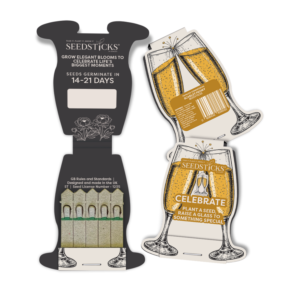 Champagne glass-shaped Seedsticks pack shown open and closed