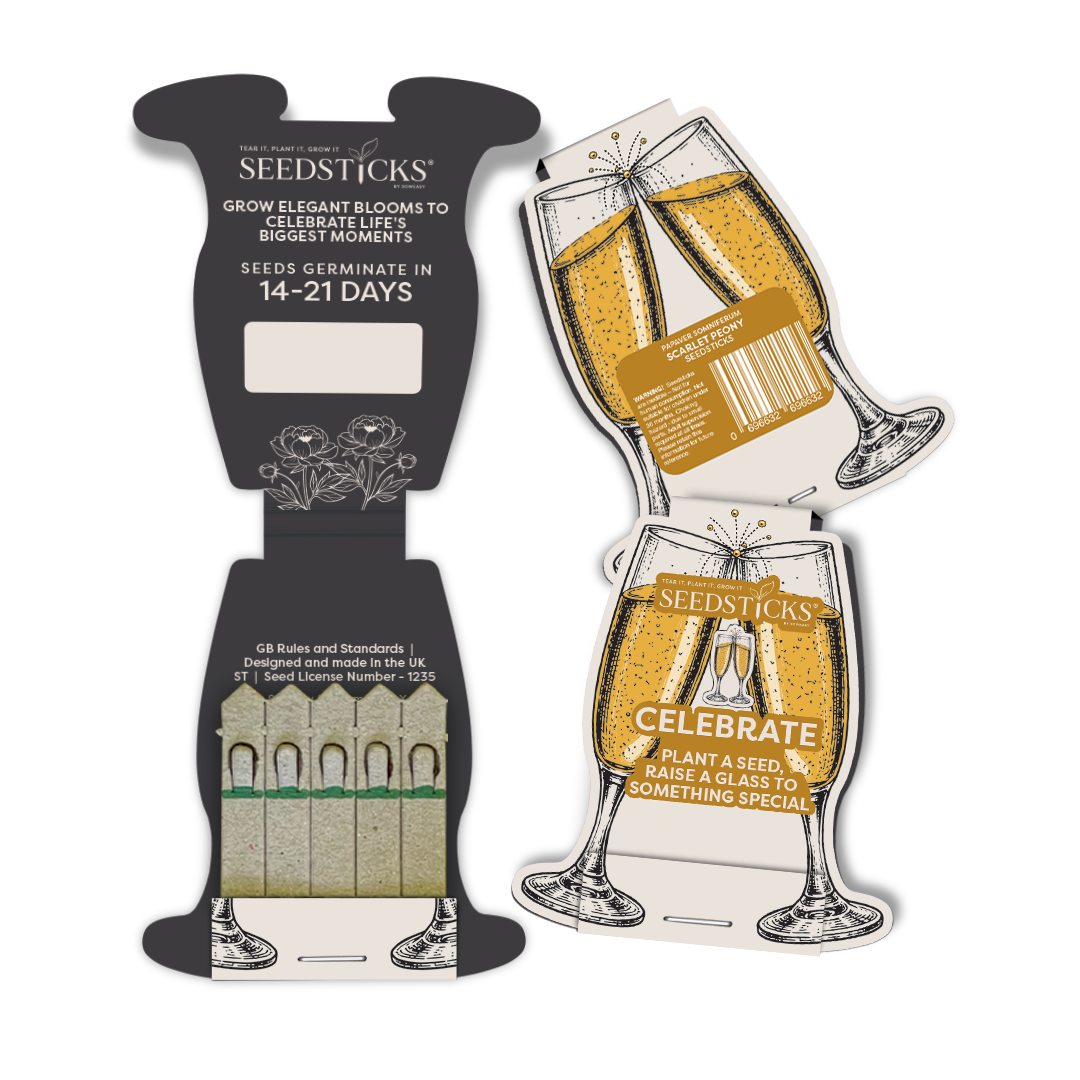 Champagne glass-shaped Seedsticks pack shown open and closed