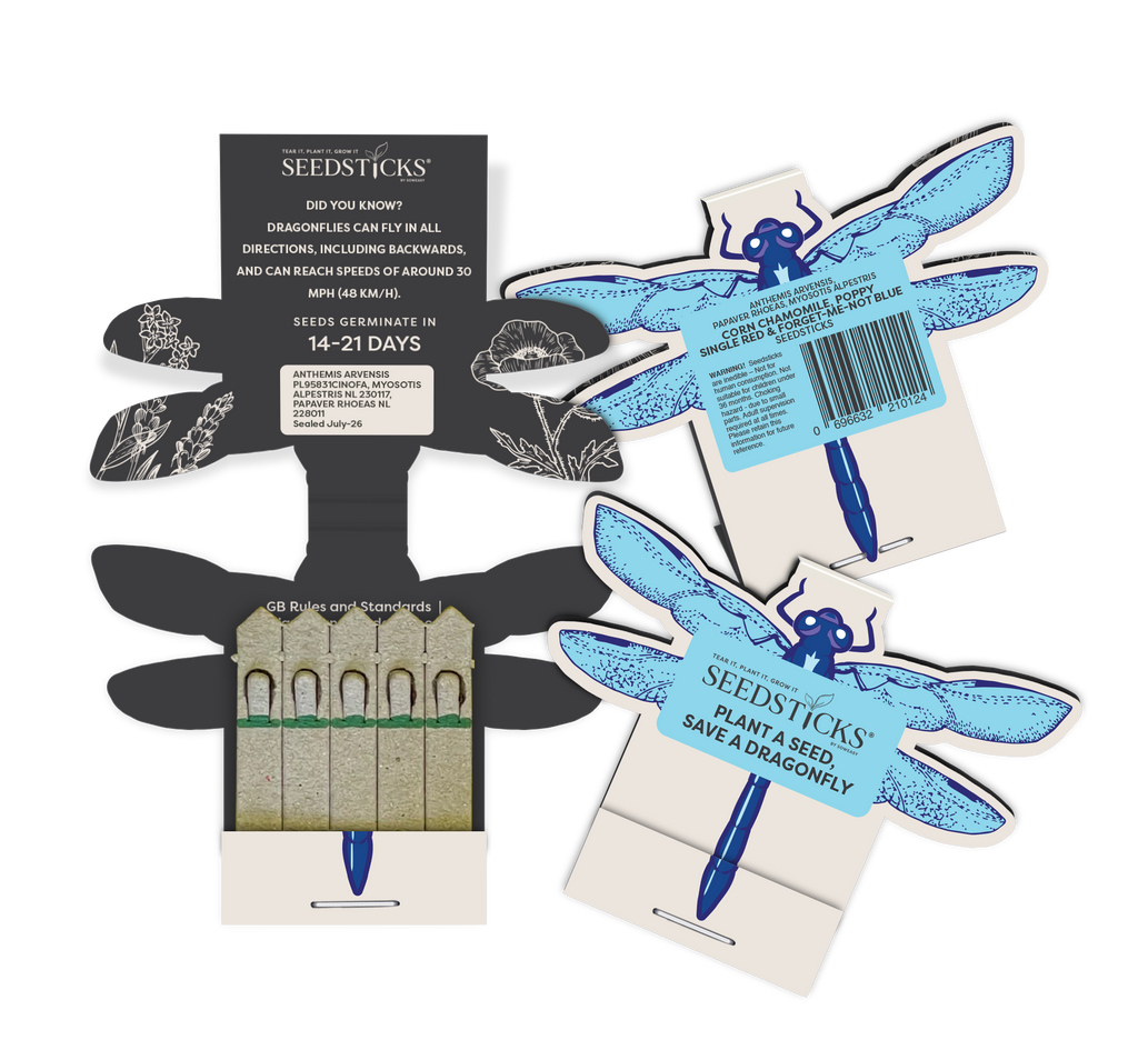 Open dragonfly-shaped Seedsticks pack with wildflower planting sticks
