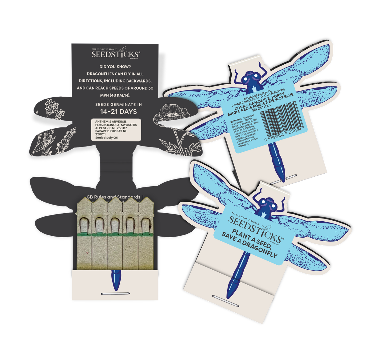 Open dragonfly-shaped Seedsticks pack with wildflower planting sticks