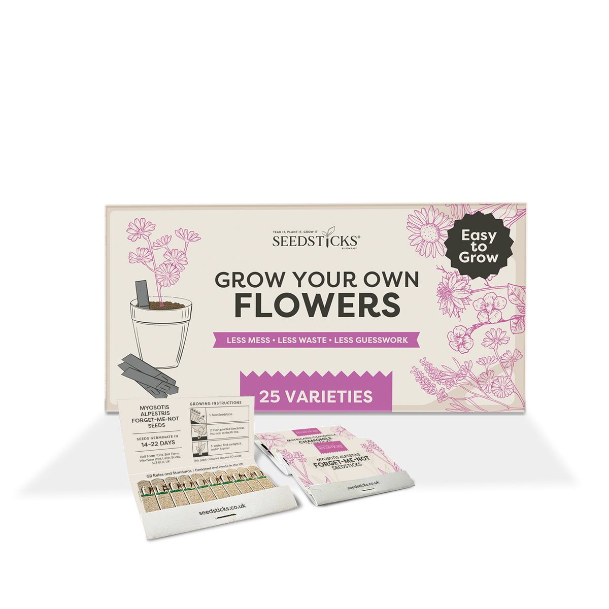 Grow Your Own Flowers box with open Seedsticks packs