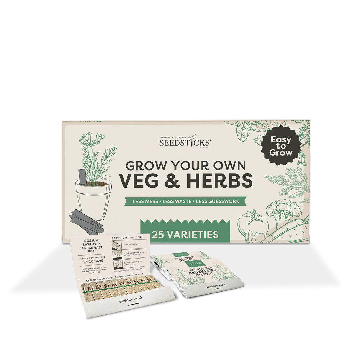 Grow Your Own Vegetables and Herbs box with open Seedsticks packs