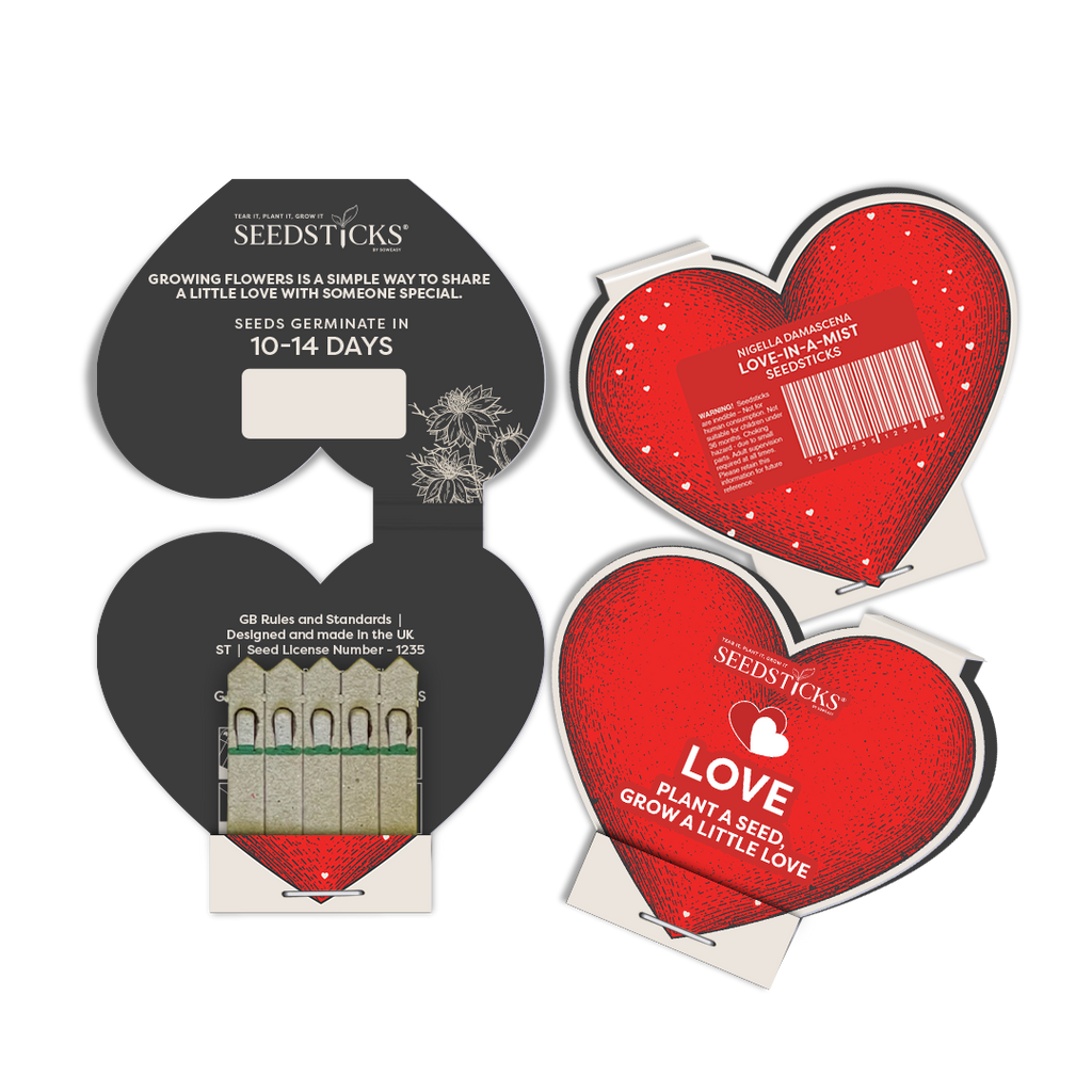 Heart-shaped Seedsticks pack shown open and closed