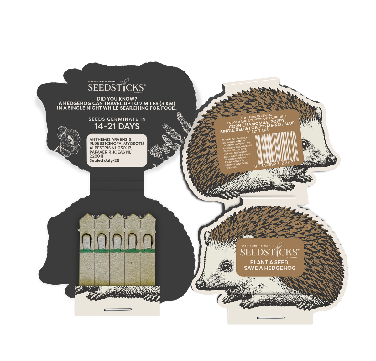 Open hedgehog-shaped Seedsticks pack with wildflower planting sticks