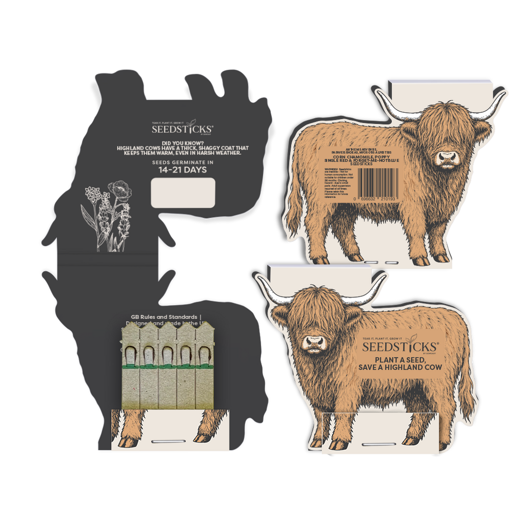 Open Highland cow-shaped Seedsticks pack with wildflower planting sticks