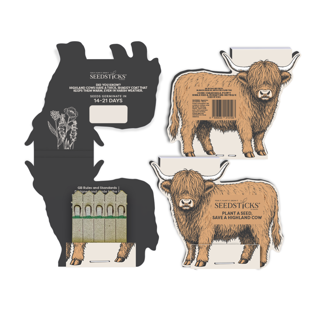 Open Highland cow-shaped Seedsticks pack with wildflower planting sticks