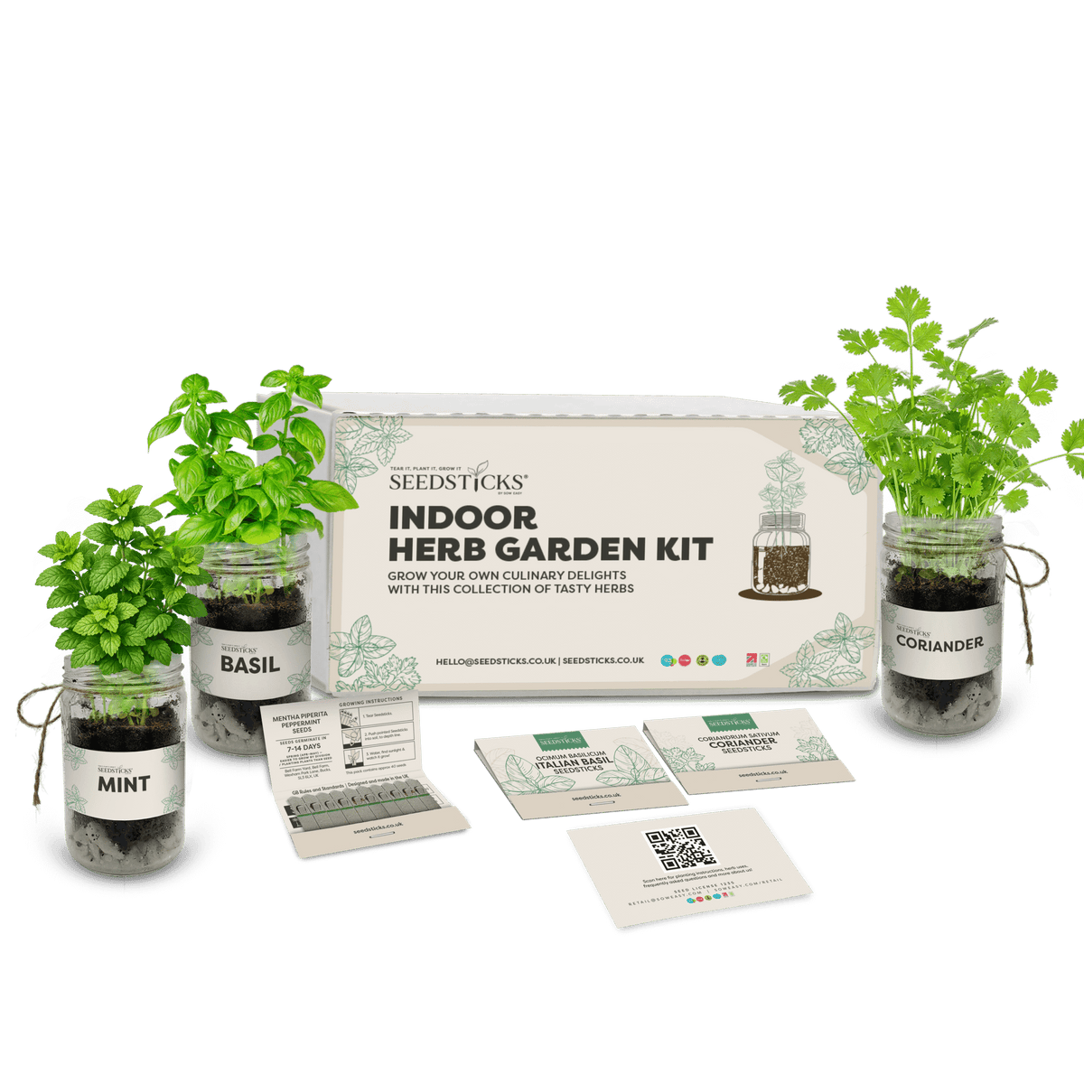 Indoor herb garden kit with reusable jars and basil, mint and coriander Seedsticks