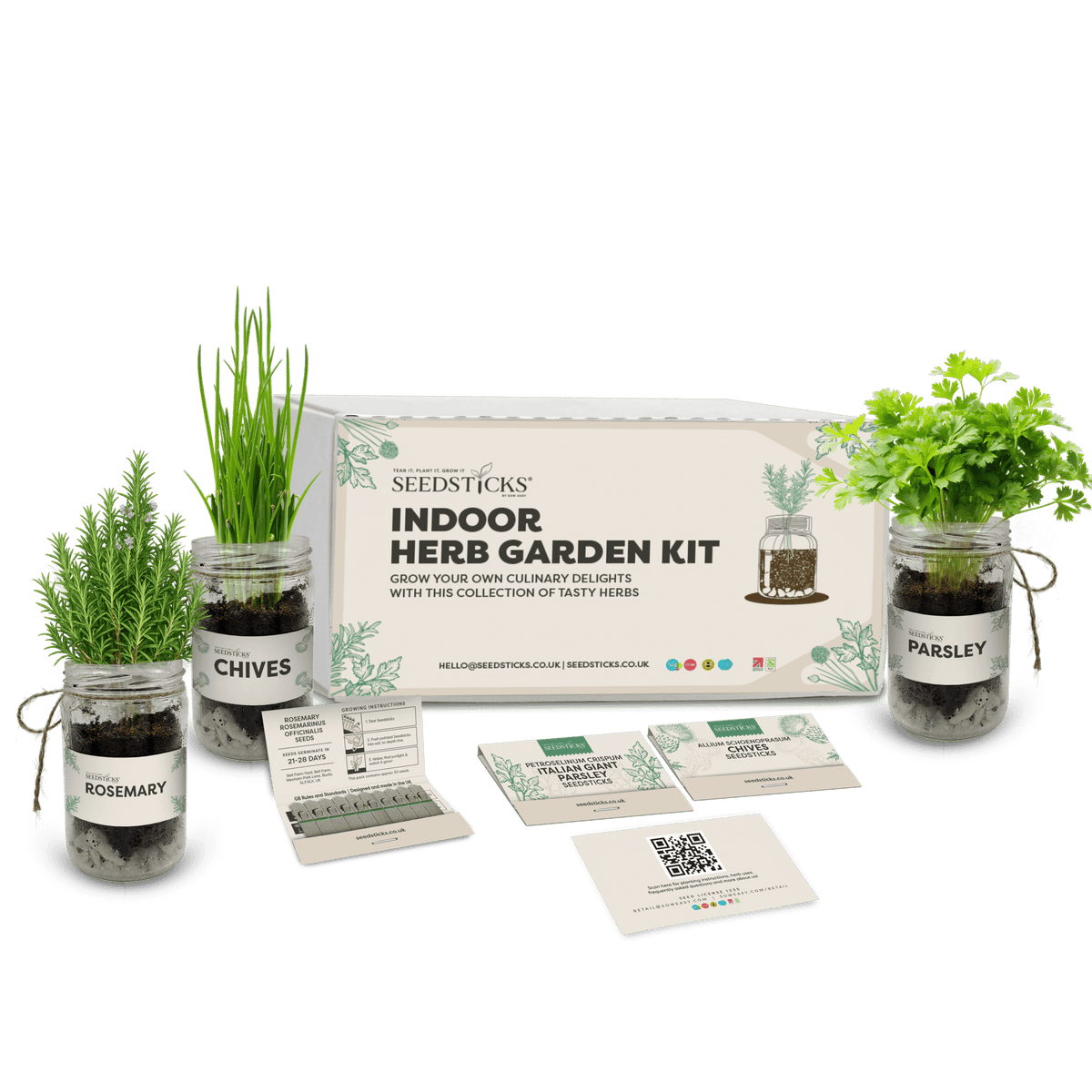 Indoor herb garden kit with reusable jars and parsley, chives and rosemary Seedsticks