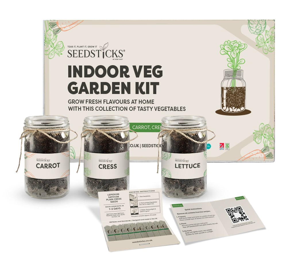 Indoor vegetable jar garden kit with reusable jars and carrot, cress and lettuce Seedsticks