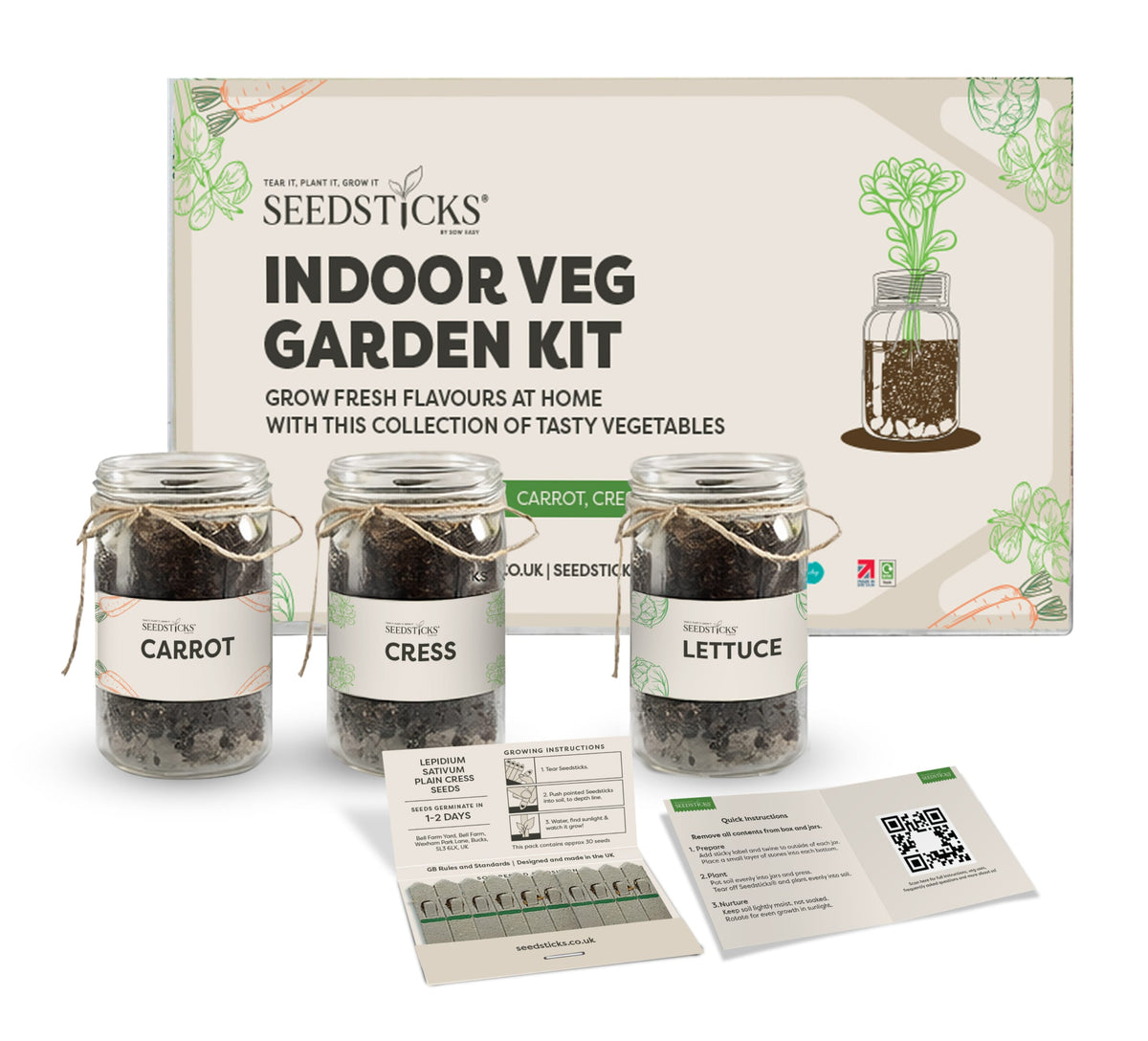 Indoor vegetable jar garden kit with reusable jars and carrot, cress and lettuce Seedsticks