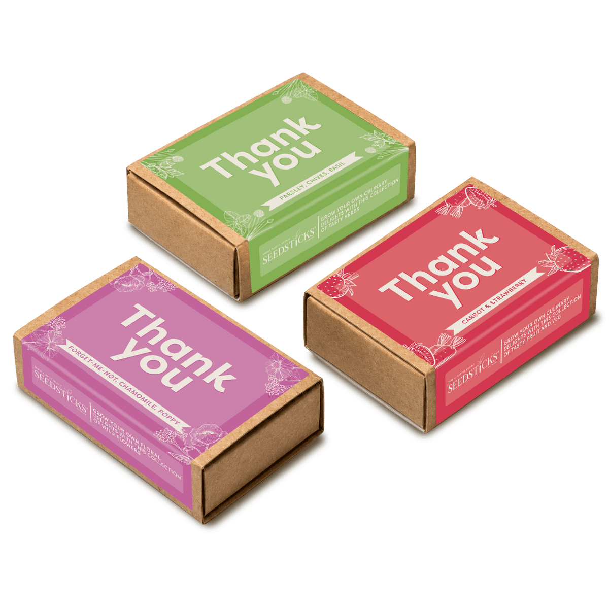 Three colourful Thank You matchboxes containing flower, herb, fruit and vegetable Seedsticks