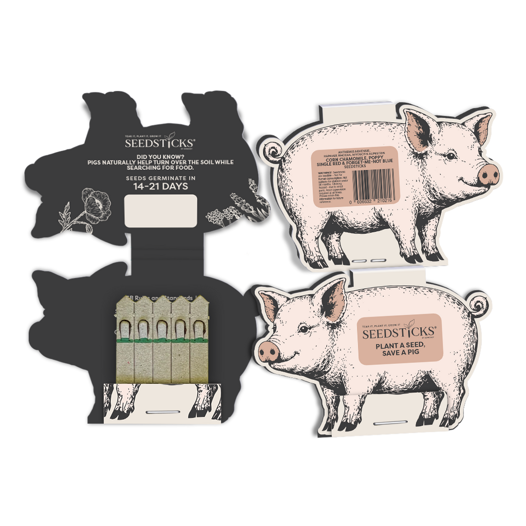 Open pig-shaped Seedsticks pack with wildflower planting sticks