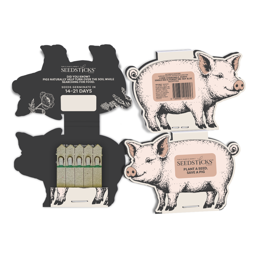 Open pig-shaped Seedsticks pack with wildflower planting sticks