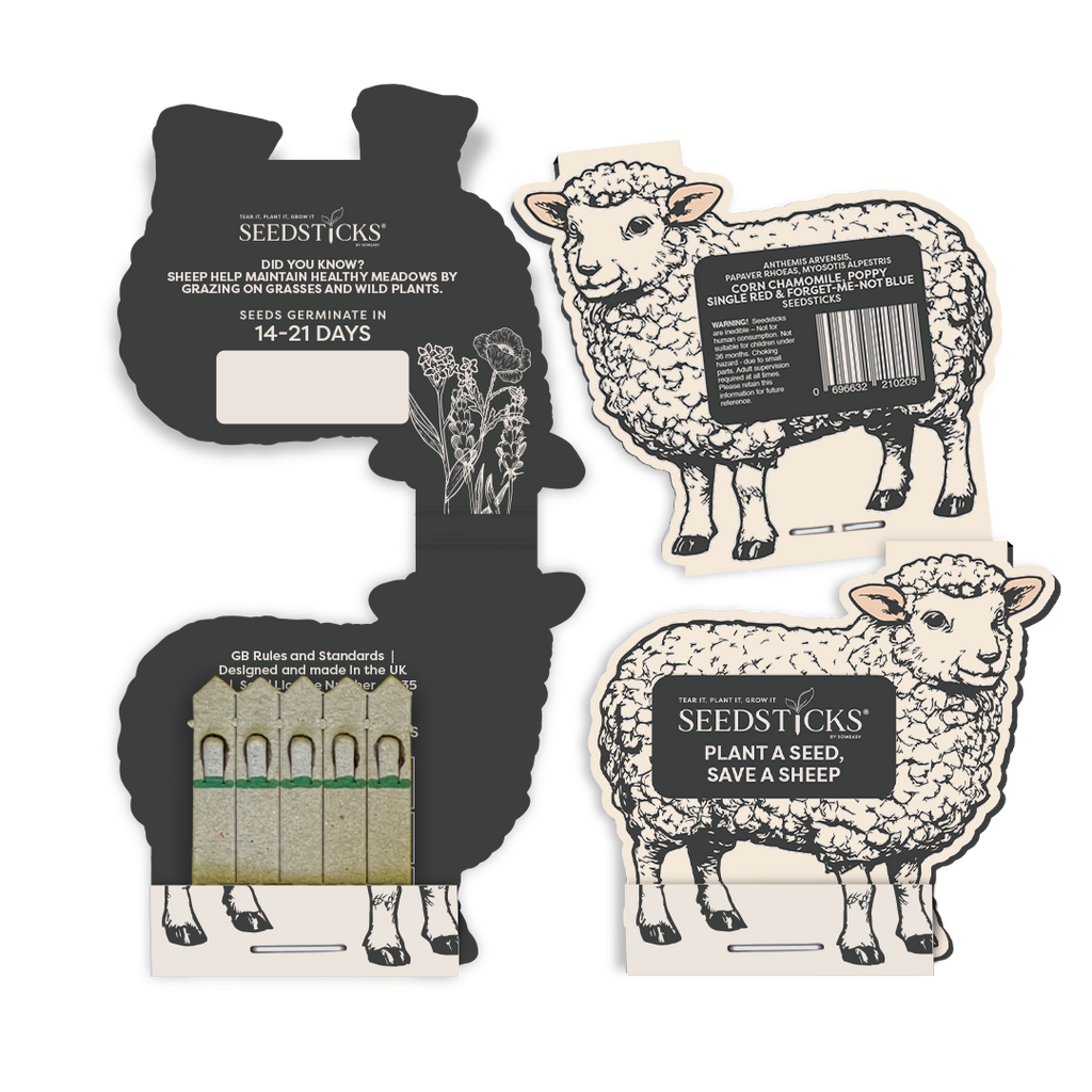 Open sheep-shaped Seedsticks pack with wildflower planting sticks