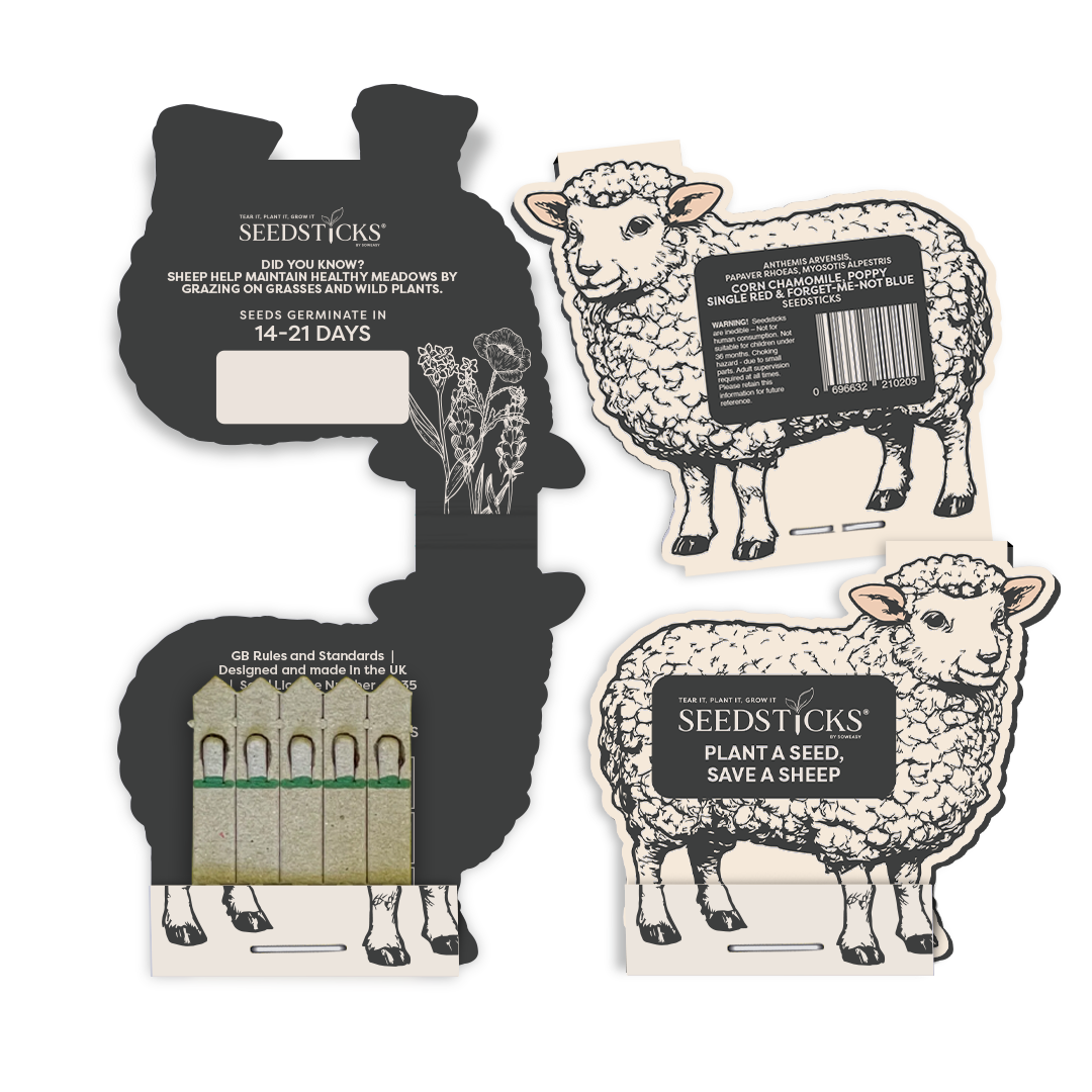 Open sheep-shaped Seedsticks pack with wildflower planting sticks