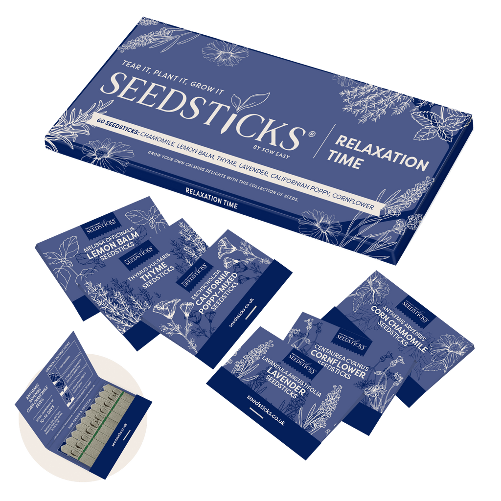 Relaxation gift pack with six calming herb and flower Seedsticks varieties