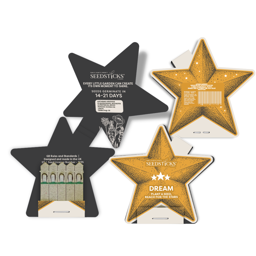 Star-shaped Seedsticks pack shown open and closed