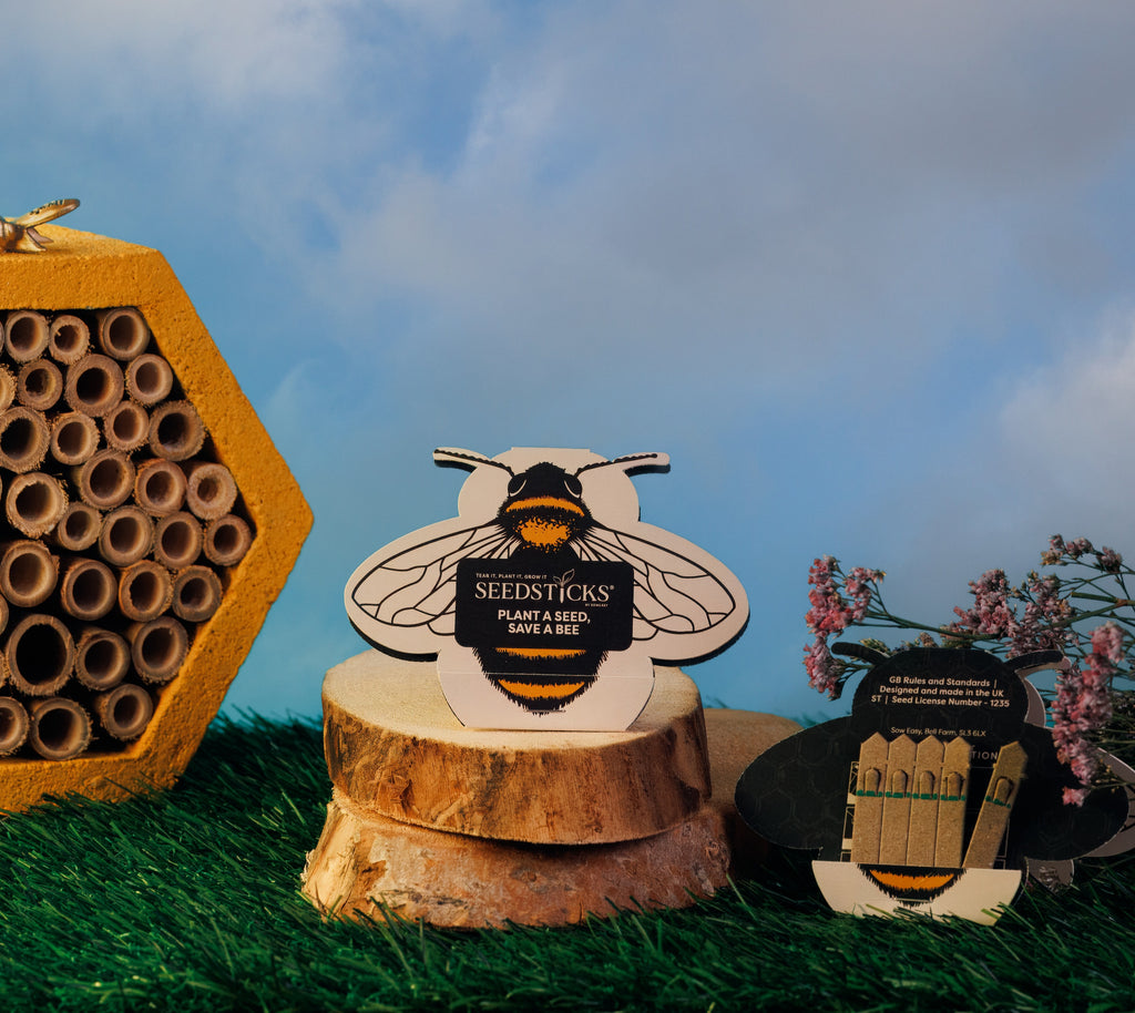 Bee Seedsticks displayed beside a bee hotel and flowers
