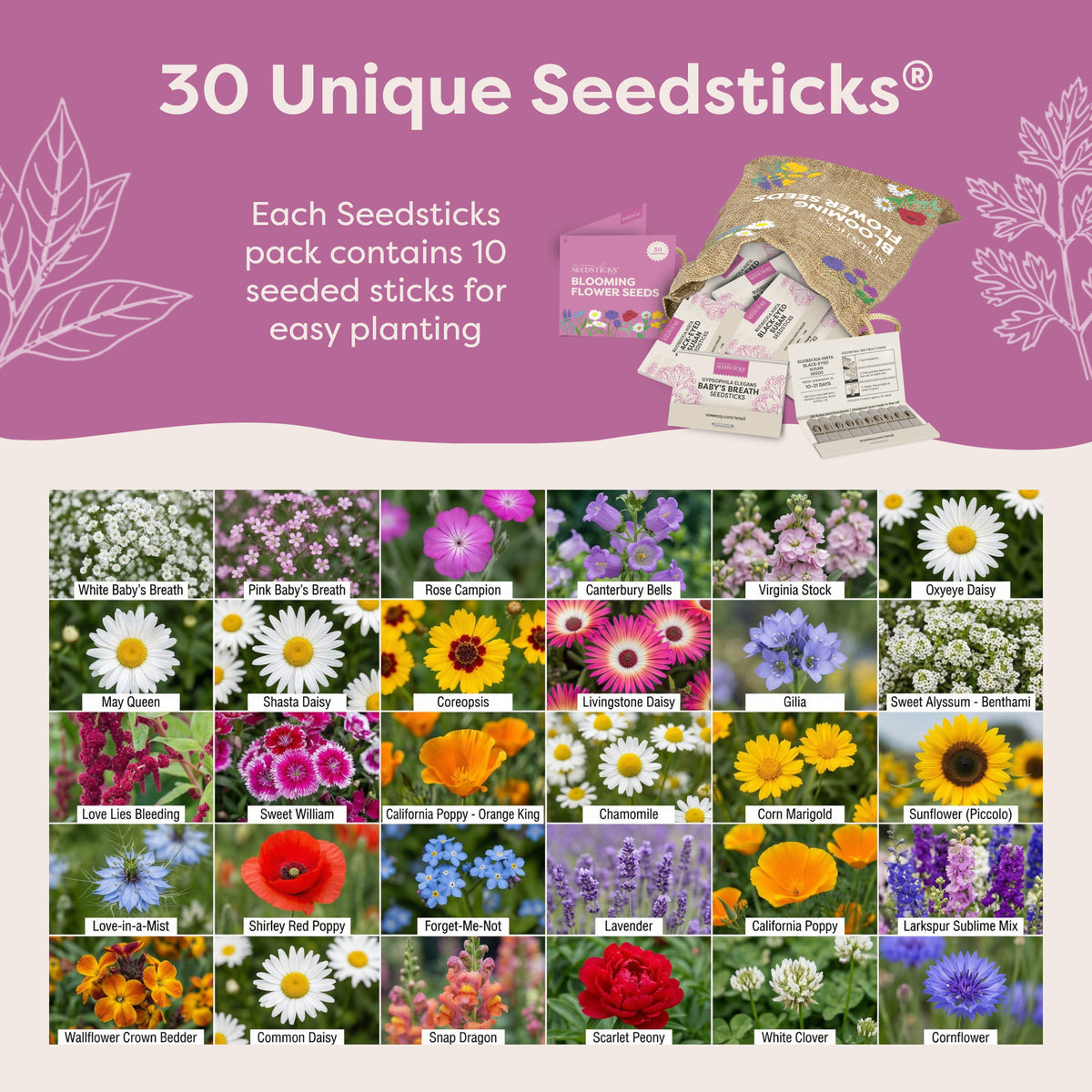 Flower varieties included in Blooming Flower Seed Sacks
