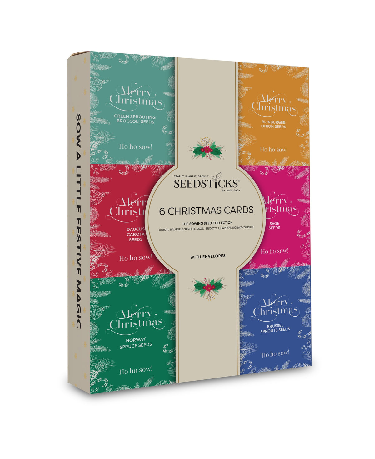 Boxed set of six Christmas greeting cards with matching envelopes and Seedsticks