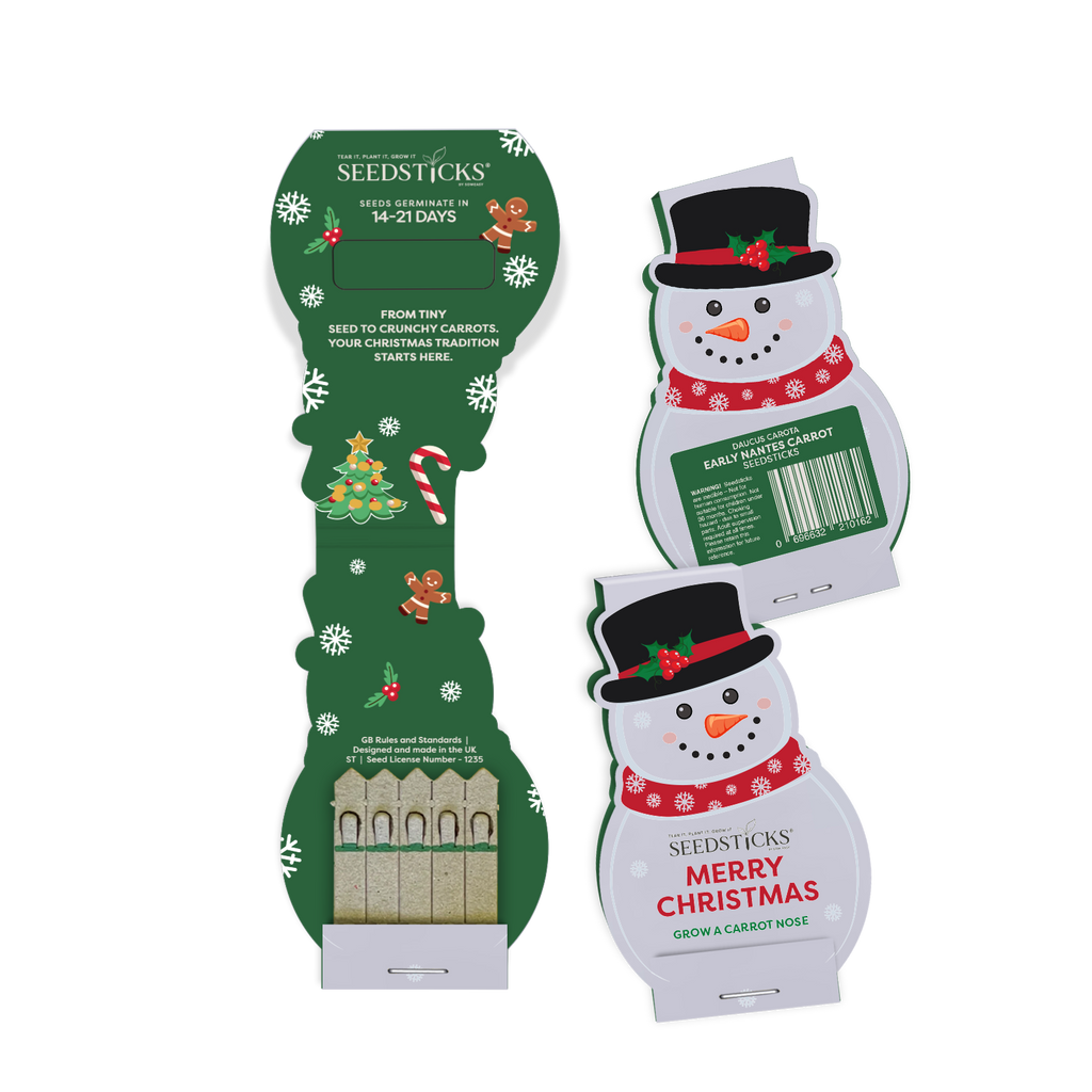 Snowman Christmas Seedsticks pack for growing an Early Nantes carrot nose