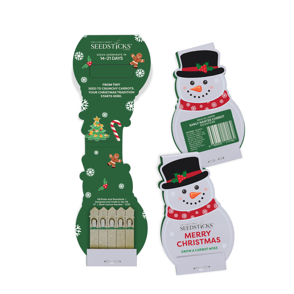 Snowman Christmas Seedsticks pack for growing an Early Nantes carrot nose