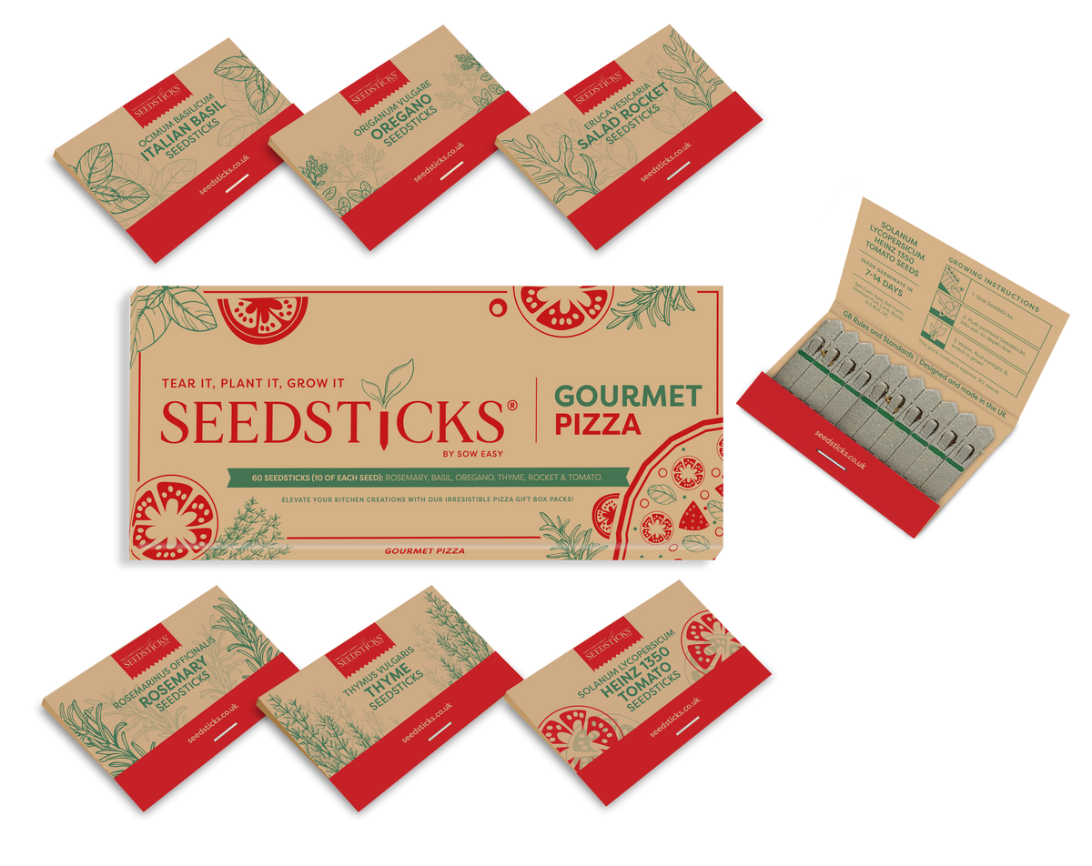 Gourmet Pizza Seedsticks consumer gift box and six individual Seedsticks packs