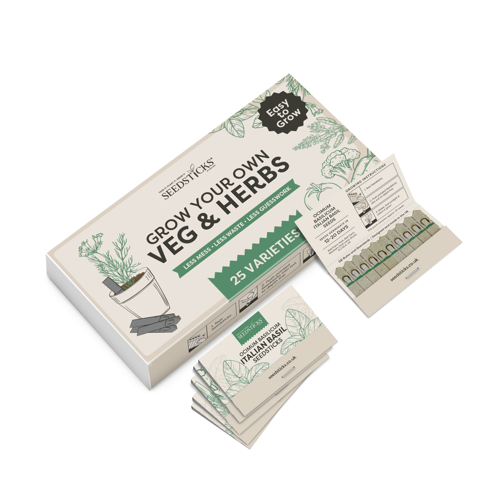 Grow Your Own Vegetables & Herbs – gift box with opened Seedsticks and packet stack