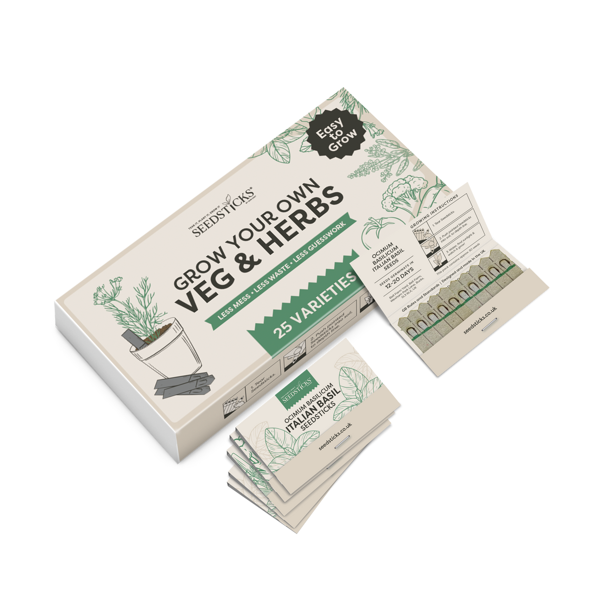 Grow Your Own Vegetables & Herbs – gift box with opened Seedsticks and packet stack