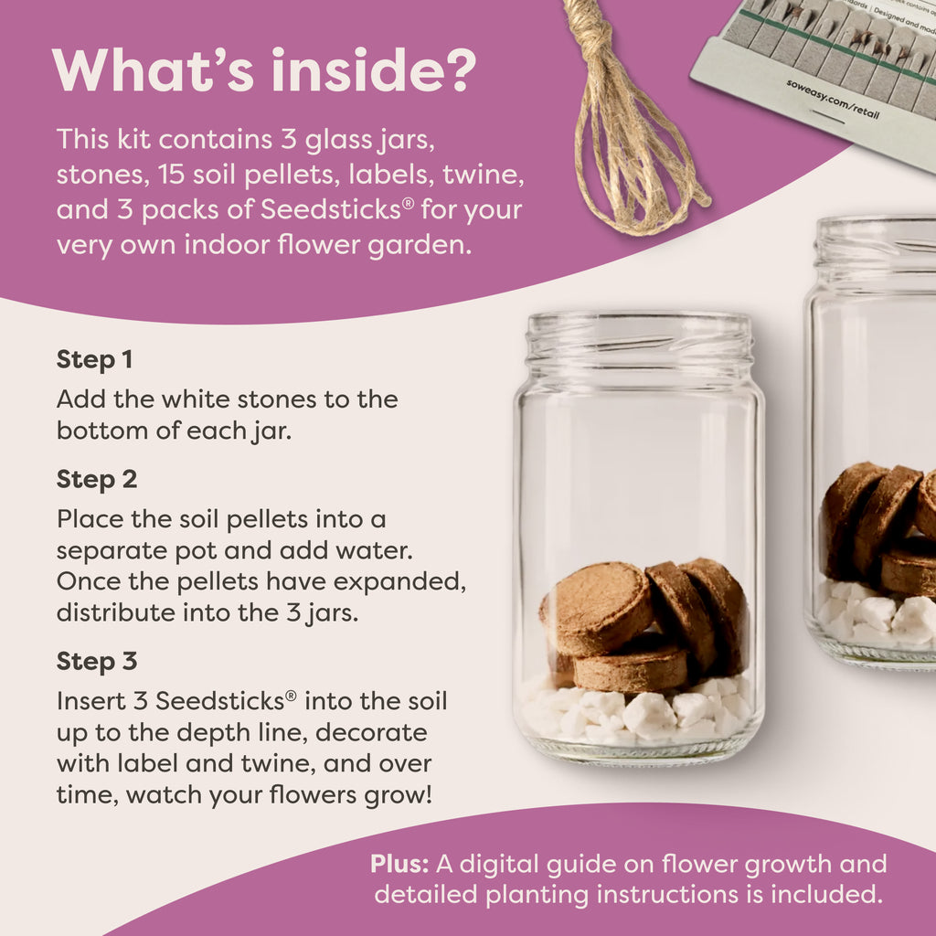 Indoor Flower Jar Garden Kit contents and three-step planting guide