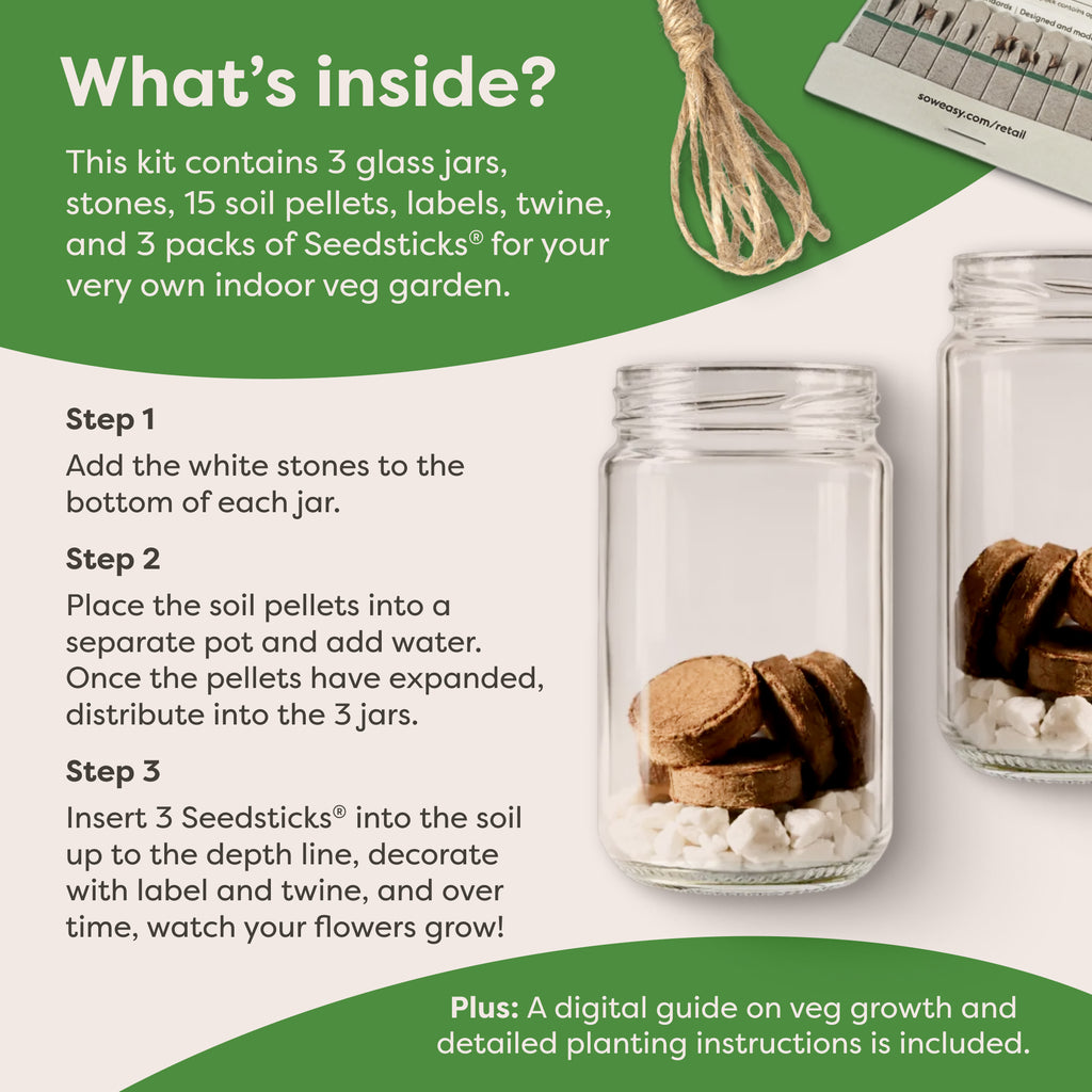 Indoor Veg Jar Garden Kit contents and three-step planting guide