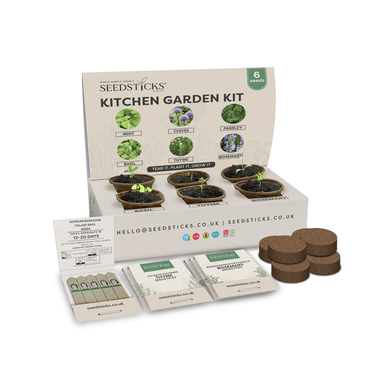 Kitchen Garden Kit with six herb varieties, Seedsticks and coir discs