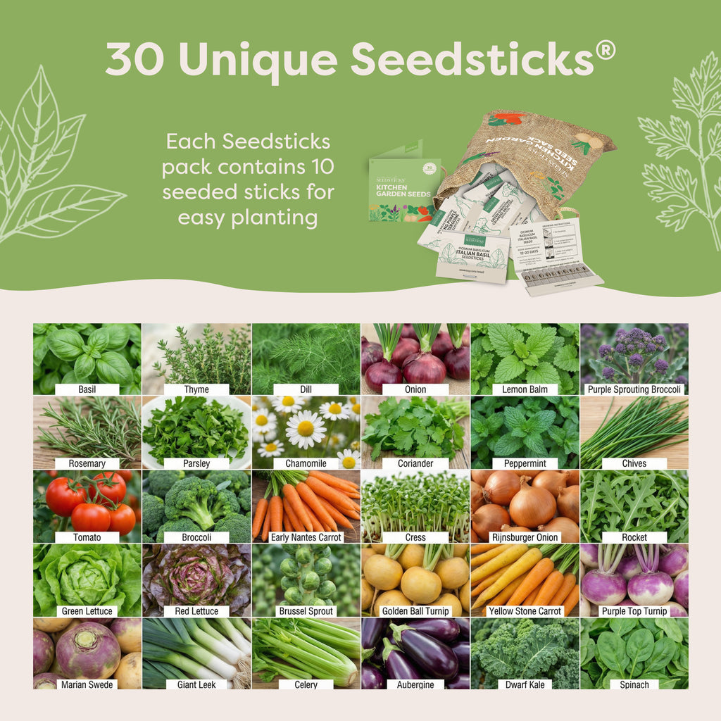 Thirty vegetable and herb varieties included in the Kitchen Garden Seed Sack