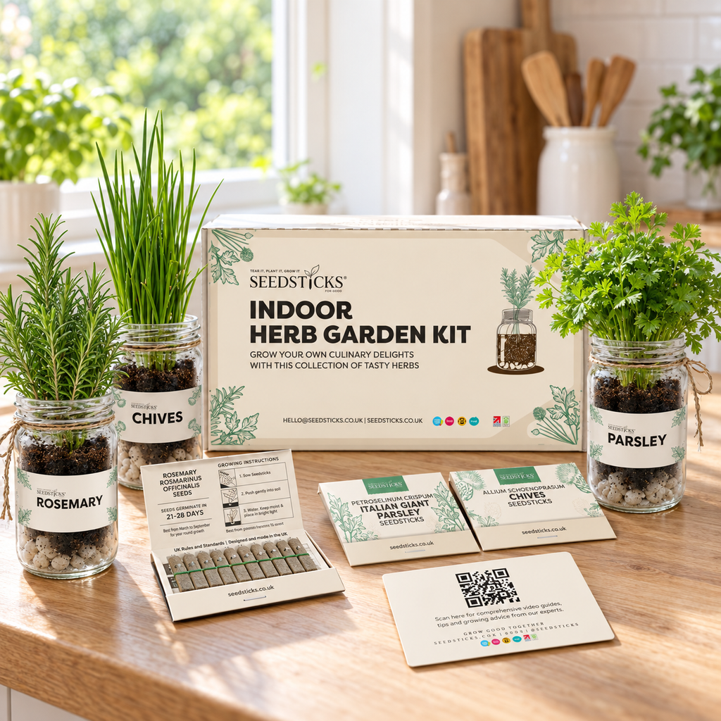 Indoor Herb Garden Kit with parsley, chives and rosemary Seedsticks in a bright home setting