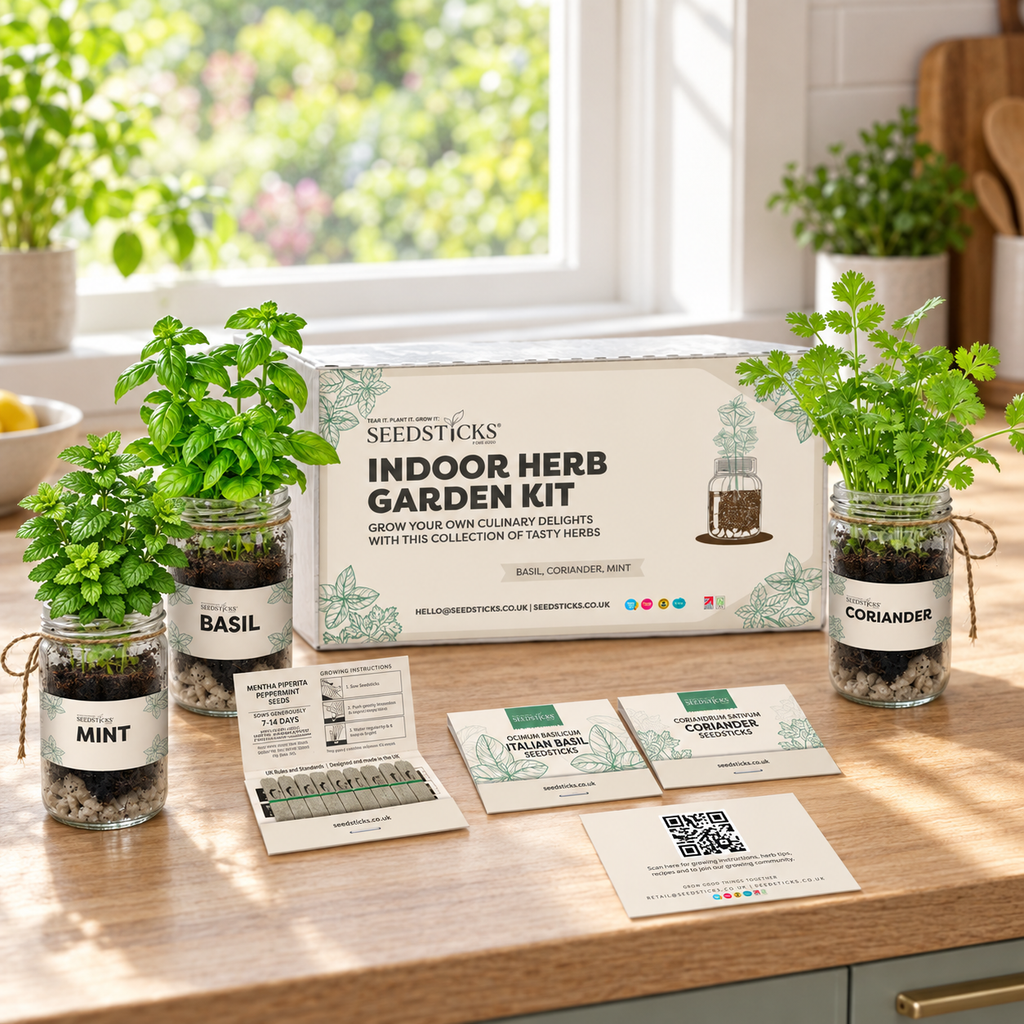 Indoor Herb Garden Kit with basil, mint and coriander Seedsticks in a bright home setting