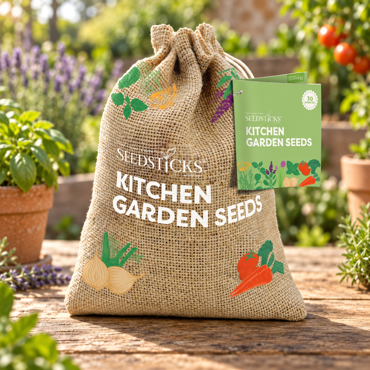 Kitchen Garden Seed Sack with vegetable and herb Seedsticks and planting guide