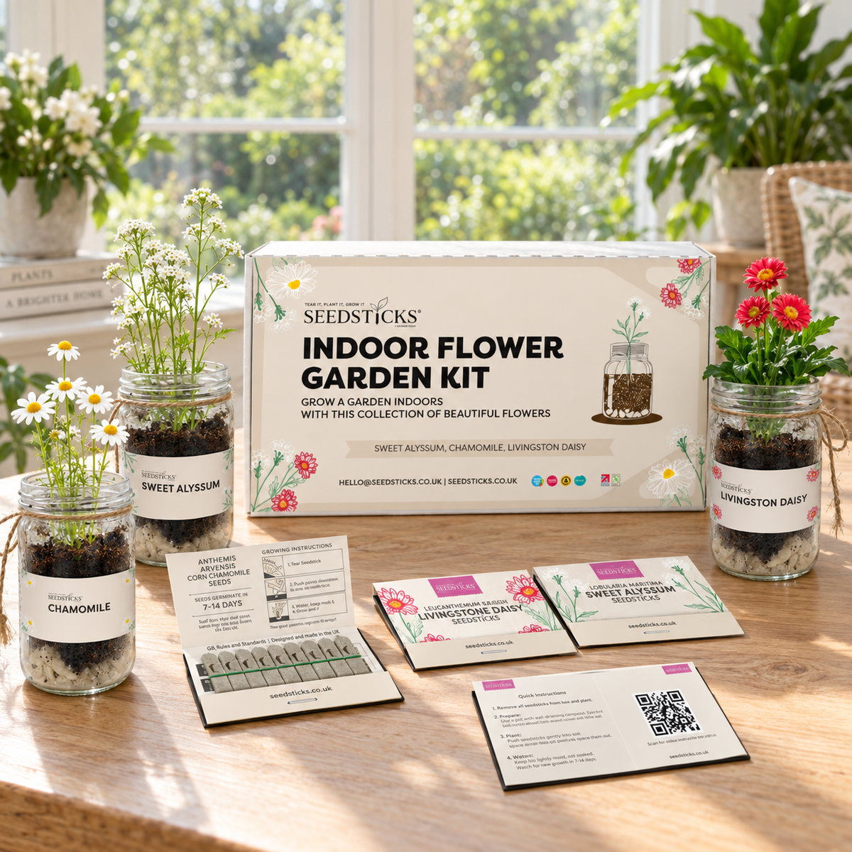 Indoor Flower Jar Garden Kit with jars, Seedsticks and planting contents in a bright home setting