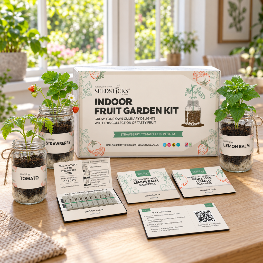 Indoor Fruit Jar Garden Kit with jars, Seedsticks and planting contents in a bright home setting