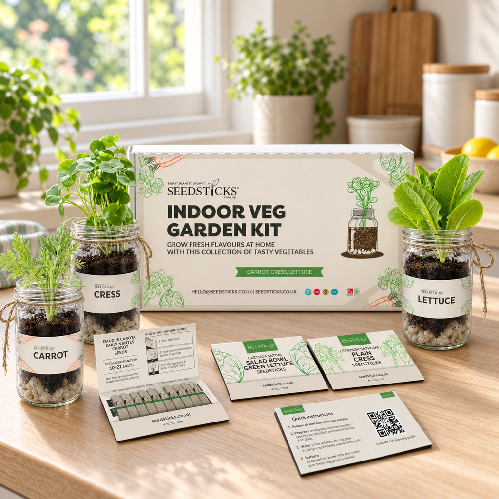 Indoor Vegetable Jar Garden Kit with jars, Seedsticks and planting contents in a bright home setting