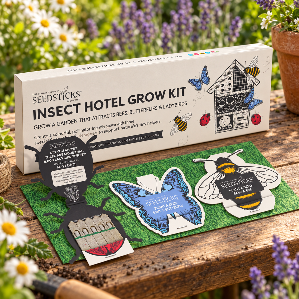 Insect Hotel Gift Pack with insect shelter and pollinator-friendly Seedsticks in a garden setting