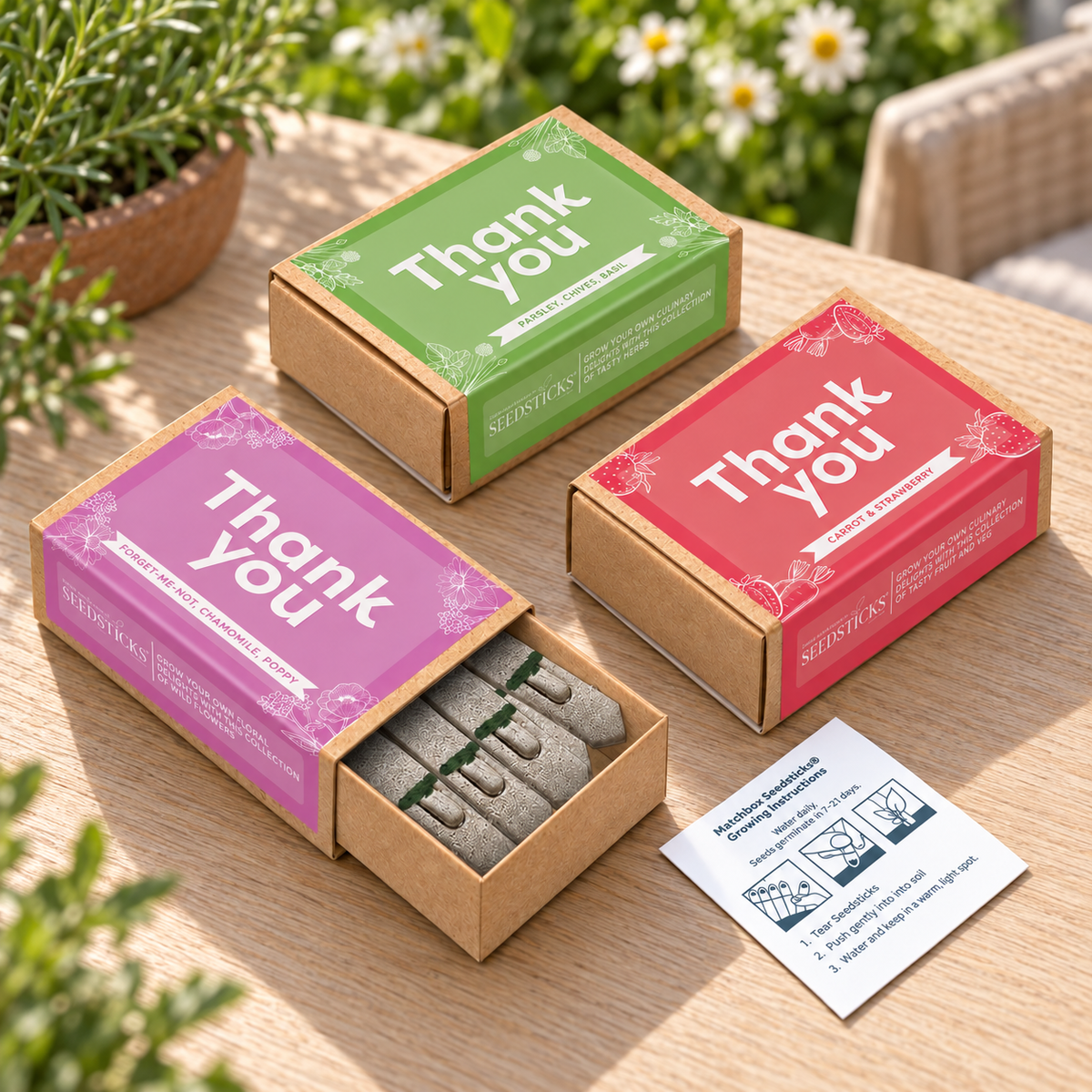 Thank You Matchbox Seedsticks opened to show the flower, herb and vegetable planting sticks