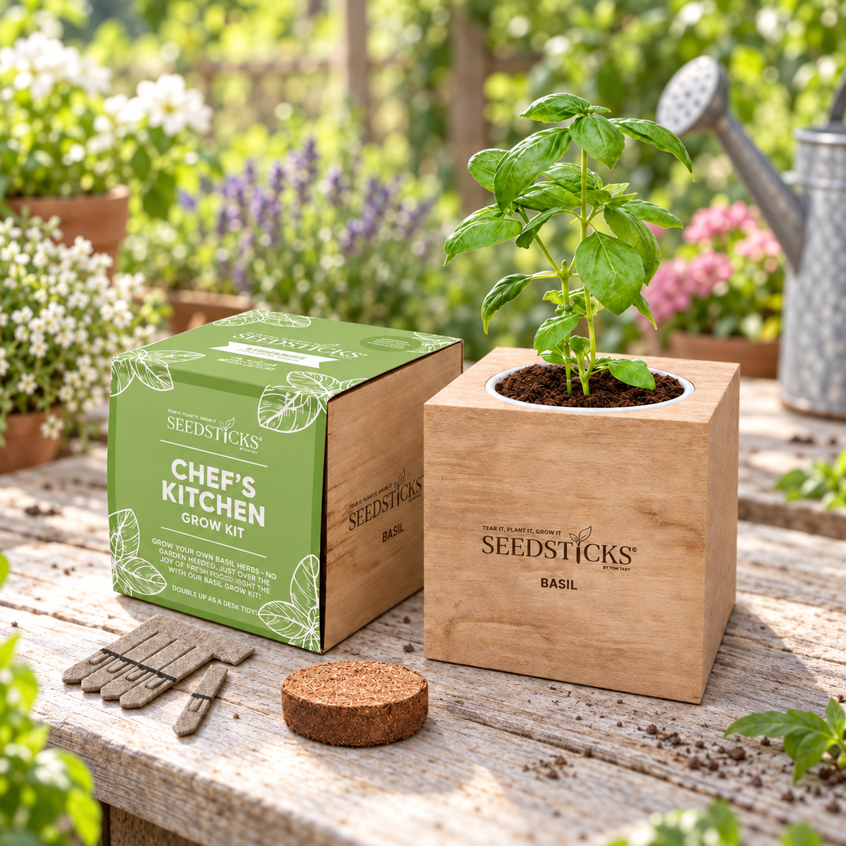 Basil Desktop Cube Garden with wooden planter and Seedsticks in a garden setting