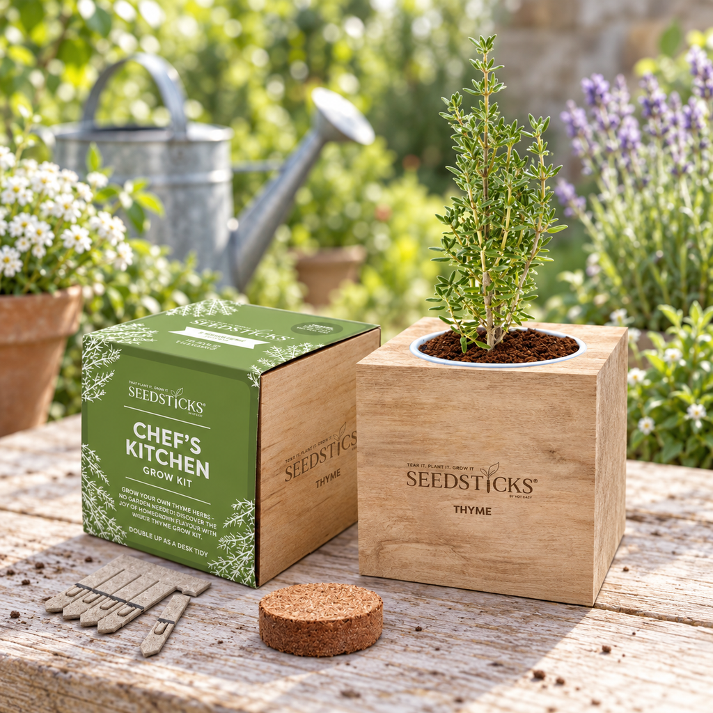 Thyme Desktop Cube Garden with wooden planter and Seedsticks in a garden setting