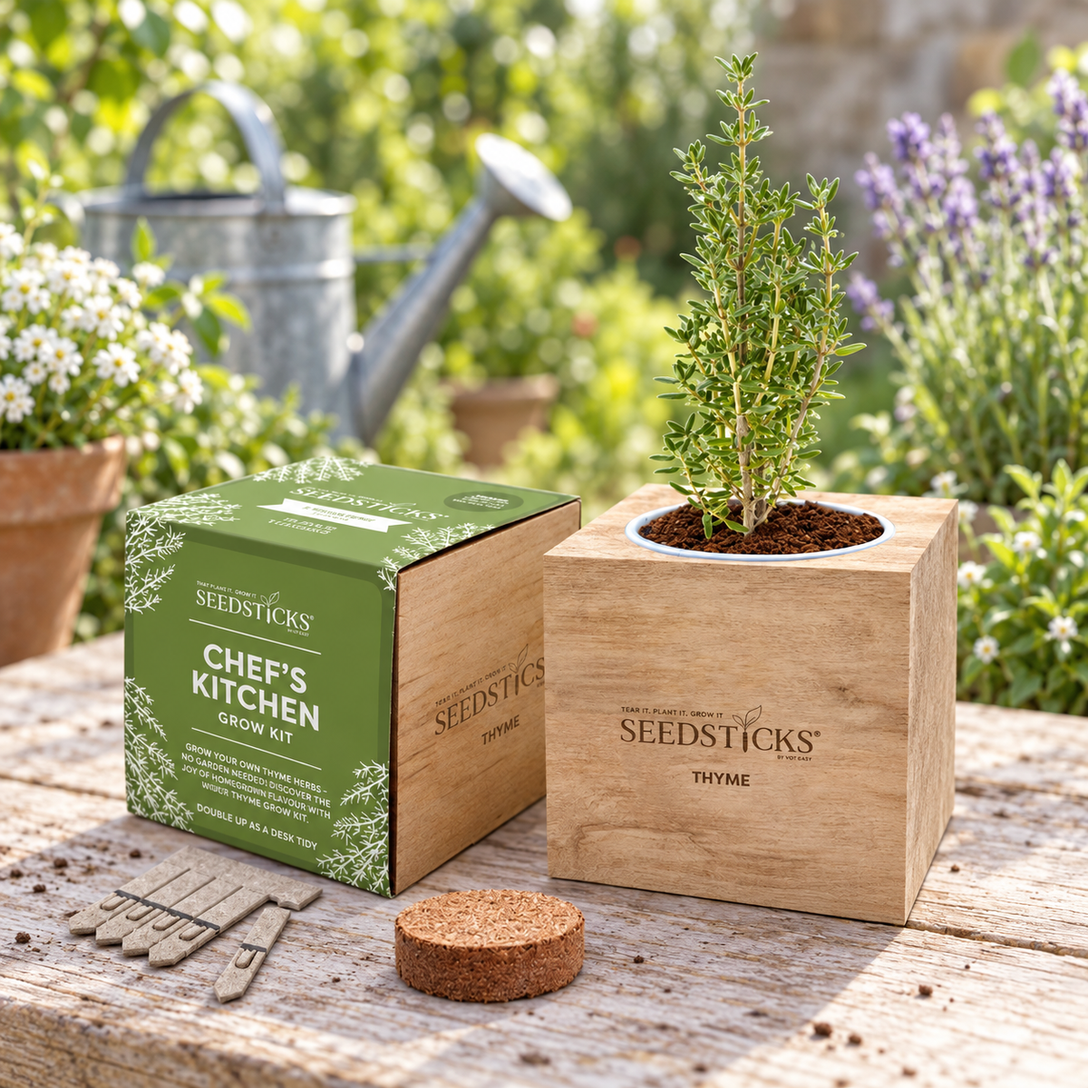 Thyme Desktop Cube Garden with wooden planter and Seedsticks in a garden setting