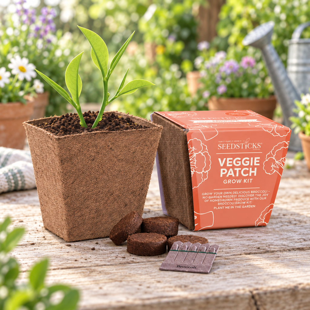 Broccoli Bio Pot Garden kit with plant pot, soil pellets and Seedsticks in a garden setting