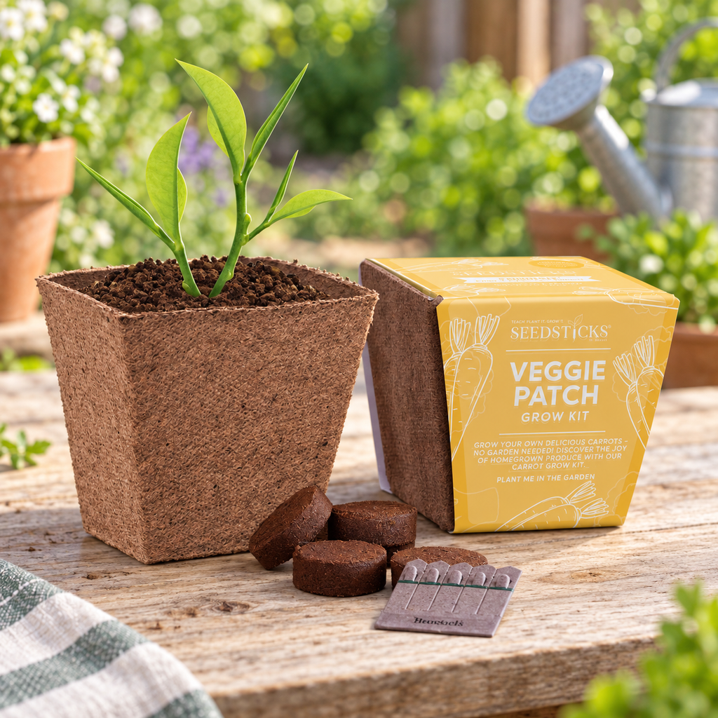 Carrot Bio Pot Garden kit with plant pot, soil pellets and Seedsticks in a garden setting