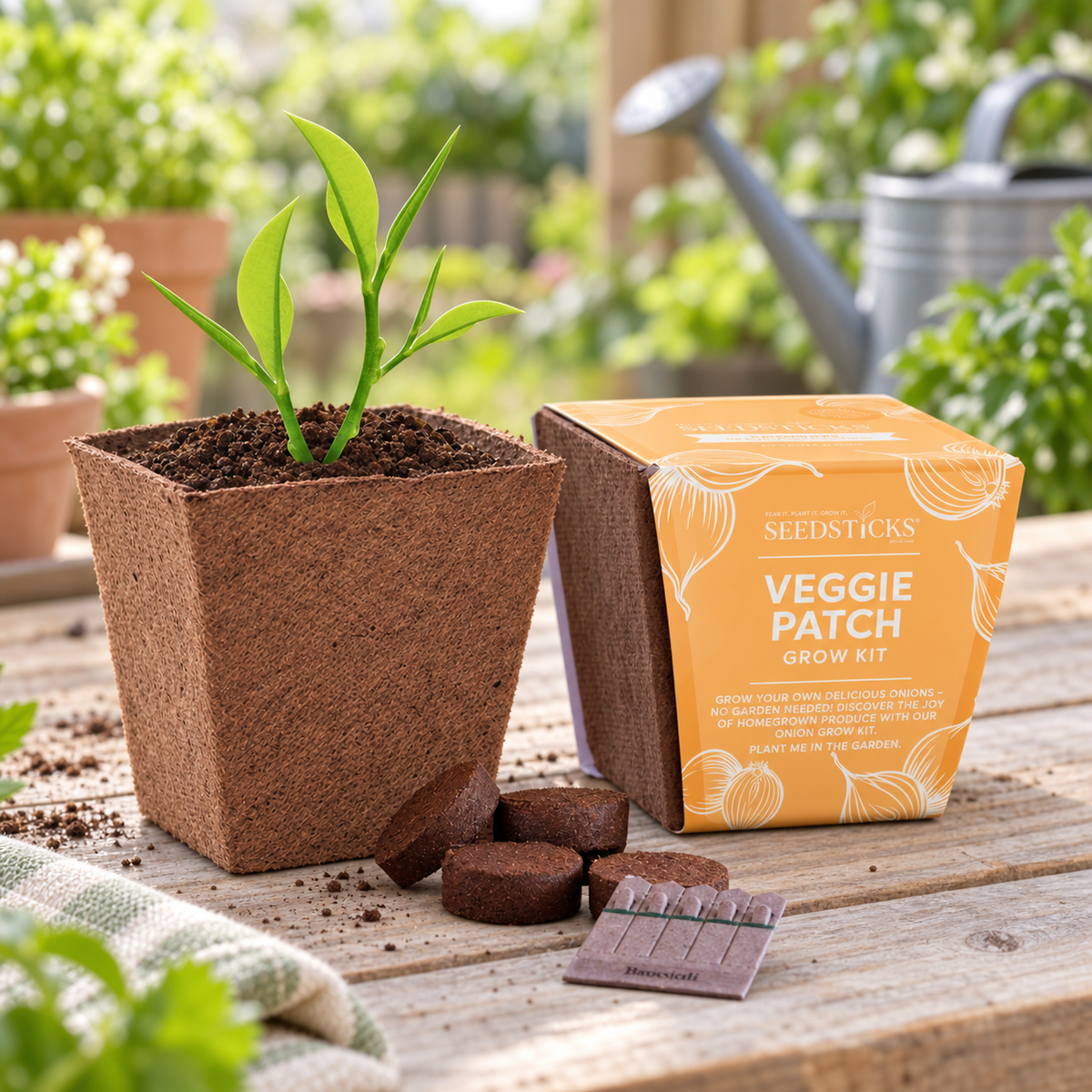 Onion Bio Pot Garden kit with plant pot, soil pellets and Seedsticks in a garden setting