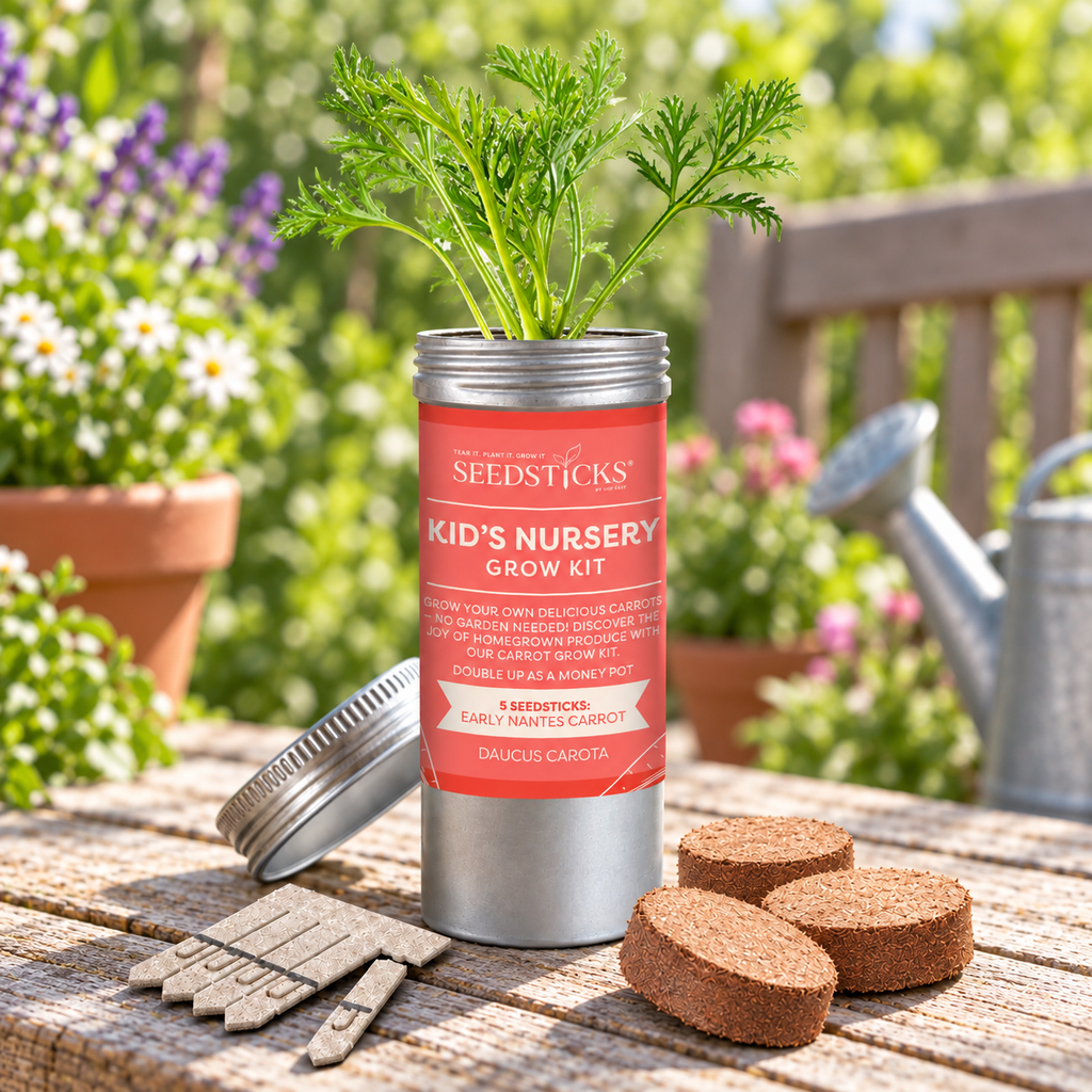 Carrot Desktop Tube Garden with soil pellets and Seedsticks in a garden setting